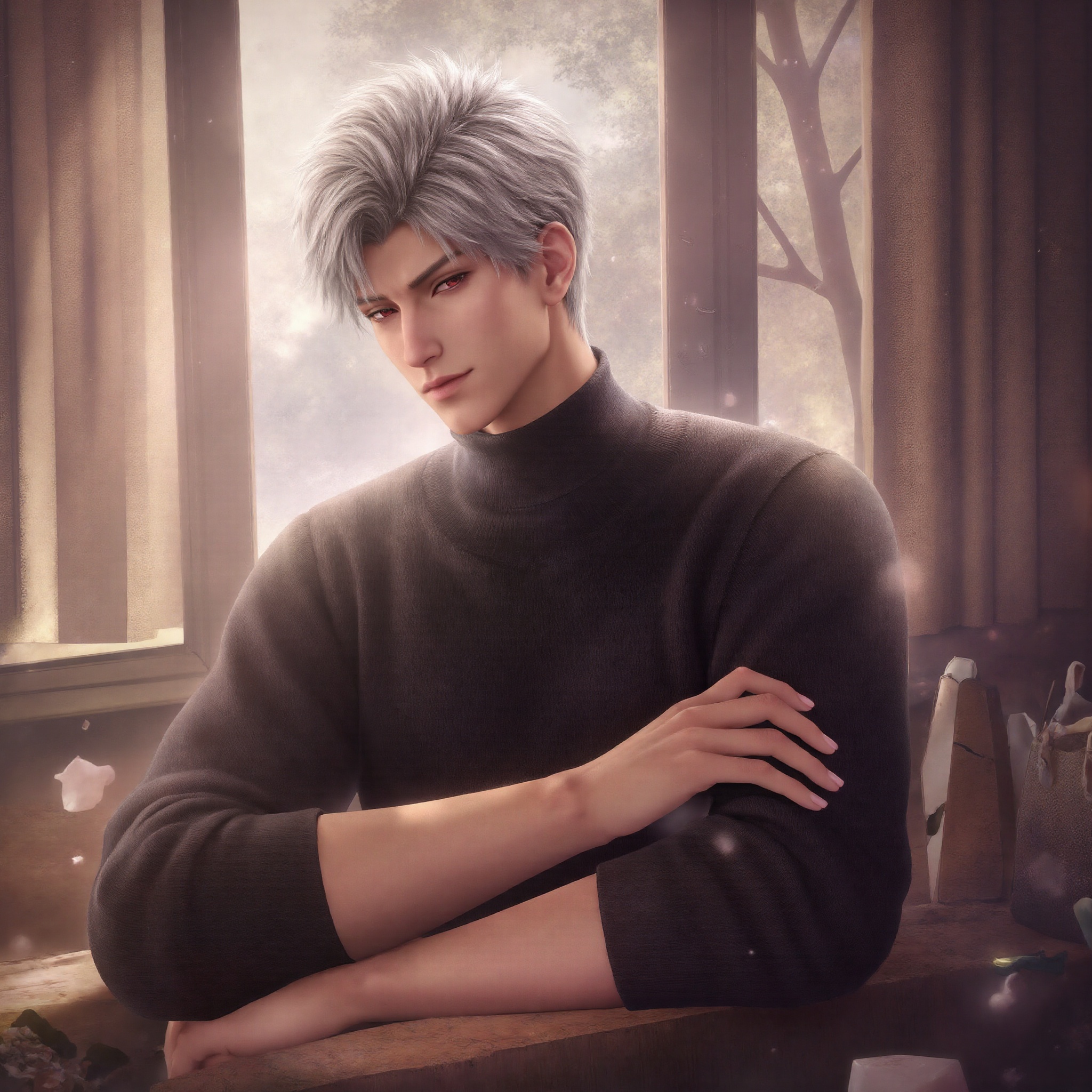 sylus_cf,  waist-up portrait of a man with short silver hair and red eyes,  sitting by a window with late afternoon light...