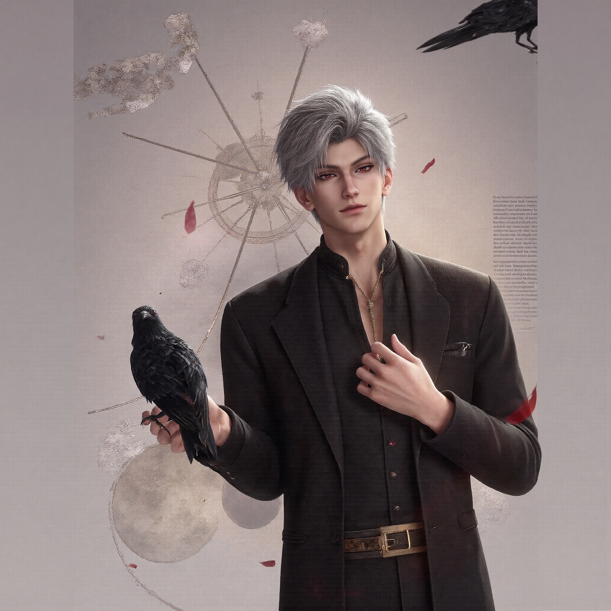 sylus_cf,  stylish minimalist anime collage of a devastatingly handsome man with short silver hair and luminous red eyes,...