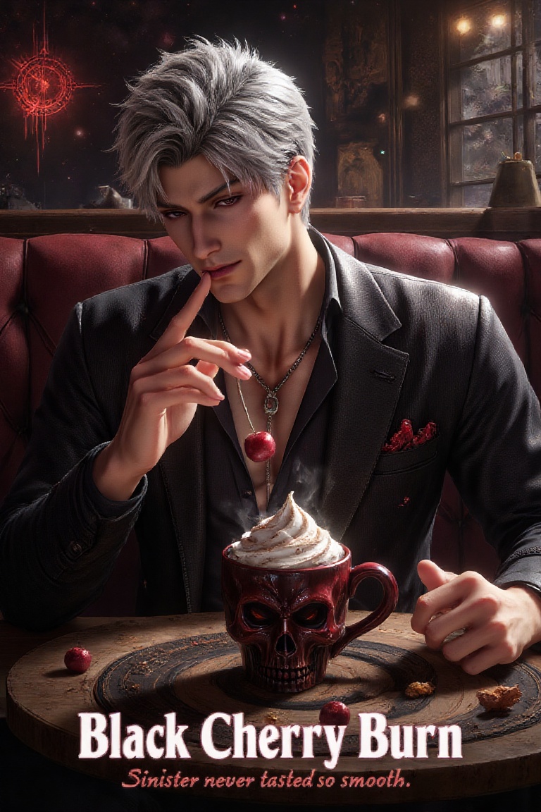 sylus_cf: A dramatic and stylized café ad poster featuring a tall,  sharp-featured man with tousled silver hair and a glow...