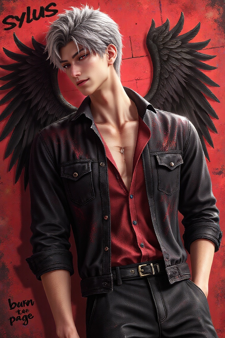 sylus_cf: A bold red-drenched character poster of a young man named SYLUS. The composition pops with stark contrast: a cri...