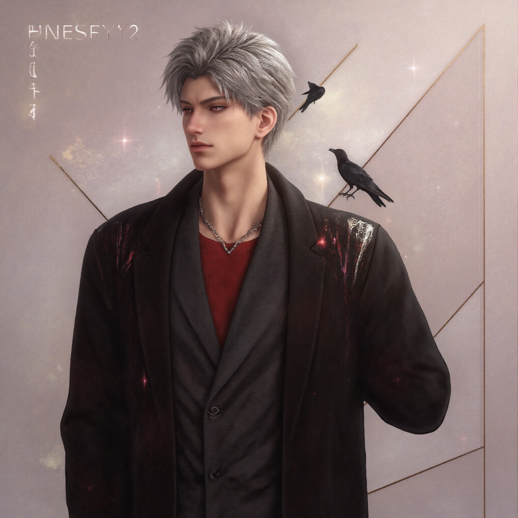 sylus_cf,  minimalist anime-style collage of a breathtaking man with short silver hair and glowing red eyes,  wearing a sl...