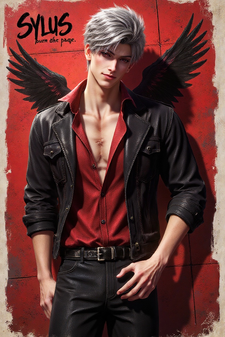 sylus_cf: A bold red-drenched character poster of a young man named SYLUS. The composition pops with stark contrast: a cri...