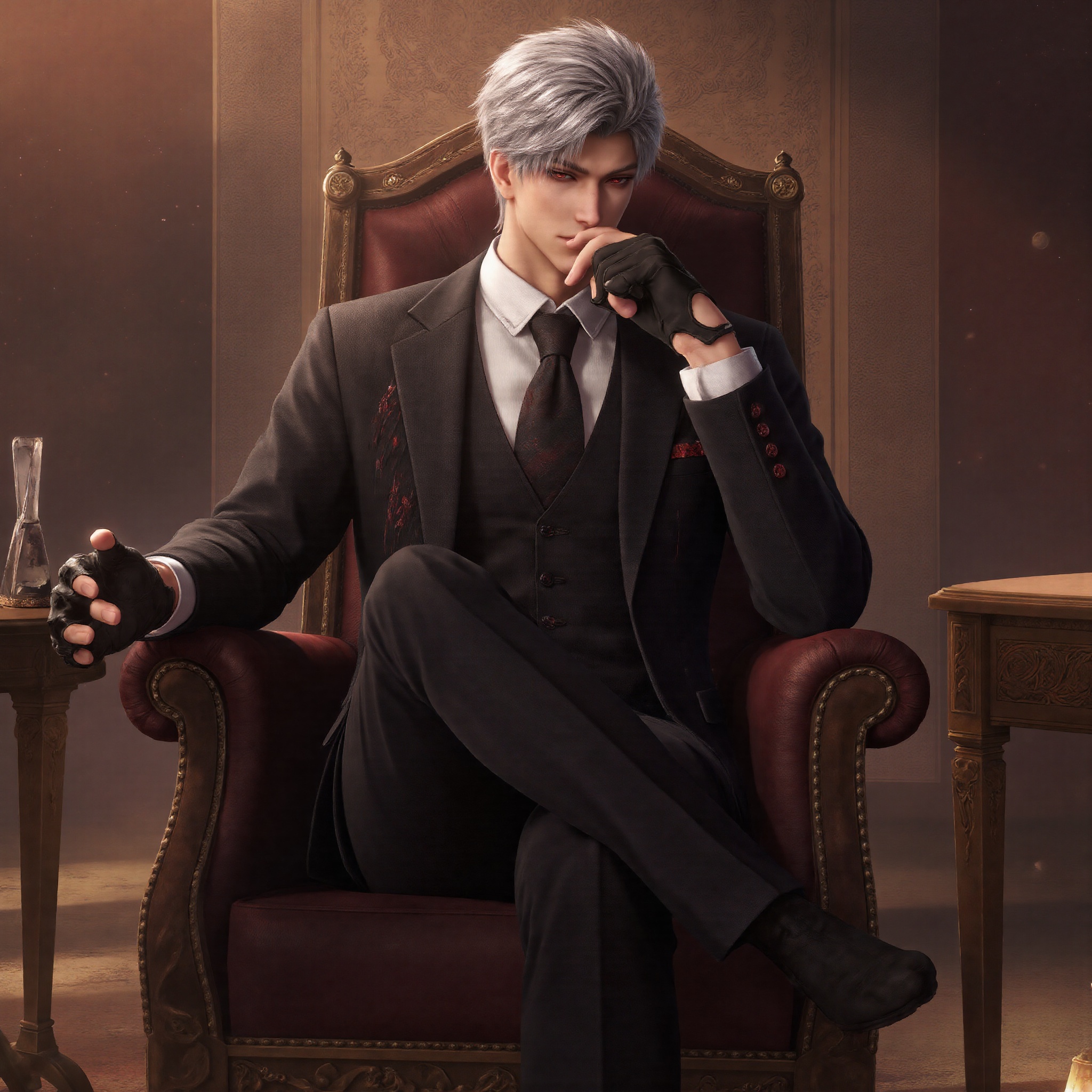sylus_cf,  a sharp-featured man with silver hair and red eyes,  seated in a high-backed leather chair with one leg crossed...