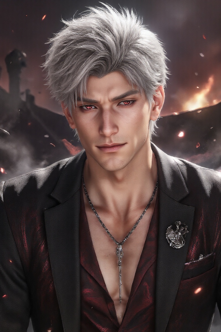 sylus_cf: A young man (29) fills the frame in a close-up composition,  the camera catching the chaotic gleam in his pierci...