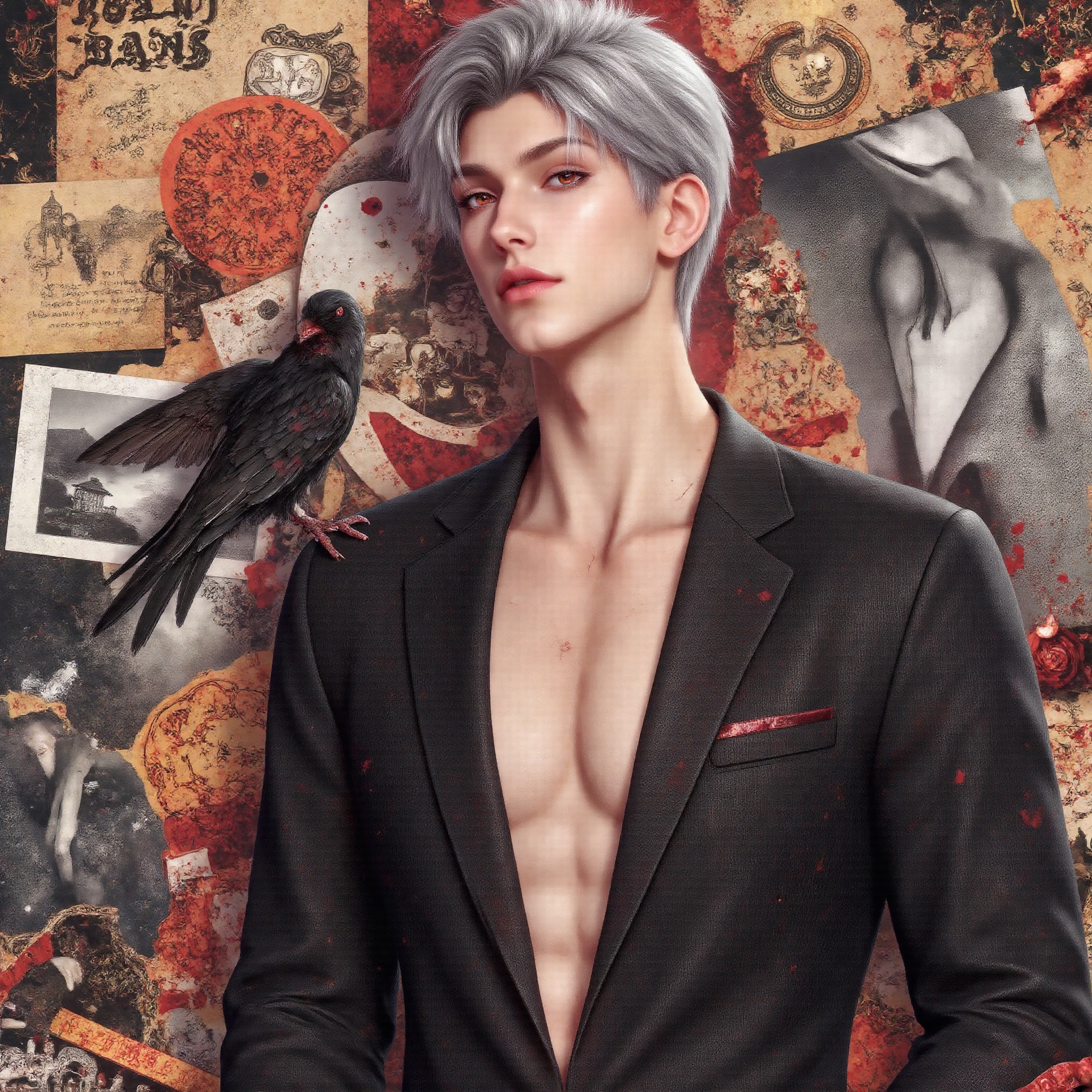 sylus_cf,  high-fashion anime collage poster of a strikingly handsome man with short silver hair and glowing red eyes,  we...