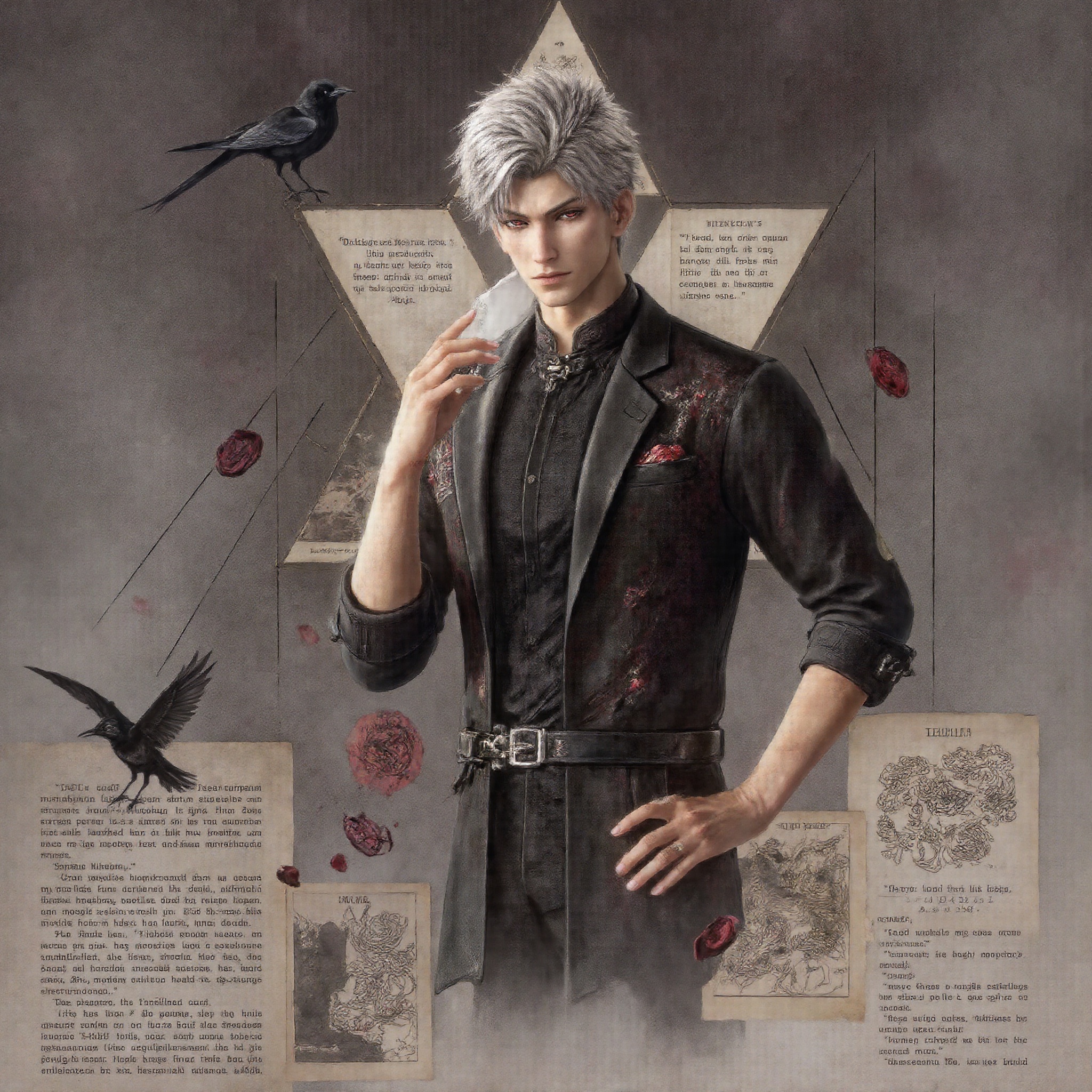 sylus_cf,  stylish minimalist anime collage of a devastatingly handsome man with short silver hair and luminous red eyes,...