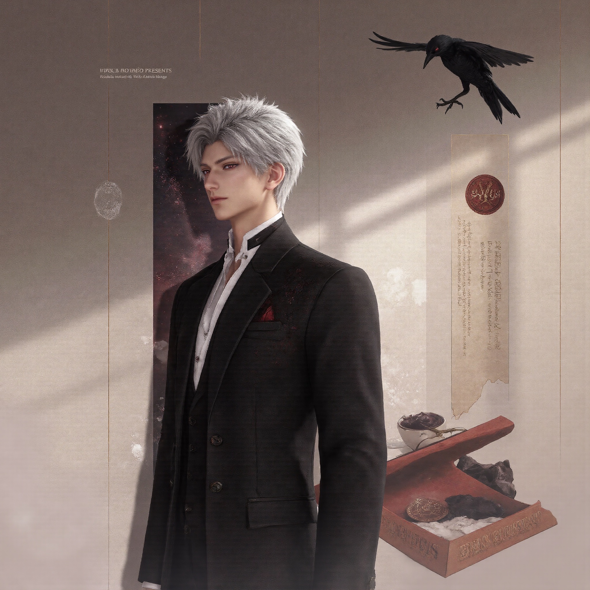 sylus_cf,  stylish minimalist anime collage of a devastatingly handsome man with short silver hair and luminous red eyes,...