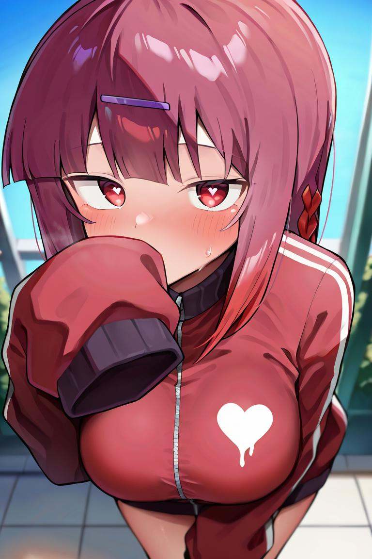 1girl,  solo,  red tracksuit with heart shaped image on Tensor.Art