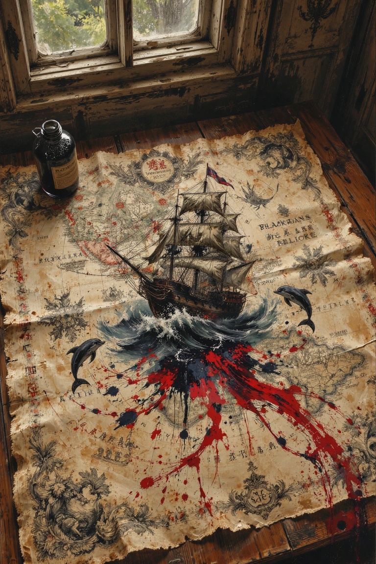 A vintage painting of an ancient parchment map spread out on a weathered wooden table,  illuminated by warm natural light...