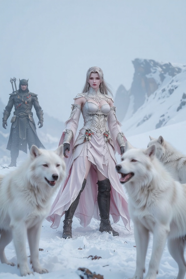 On a windswept,  snow-covered tundra,  a hauntingly beautiful frost warrior with flowing silver hair and thick on Tensor.Art