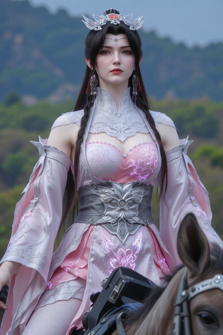 Looking up,  a powerful punk emo anime girl in a layered silver and pink outfit inspired by Mongolian nomadic attire,  wit...