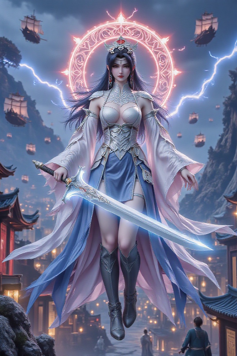 A majestic armor-clad woman levitates mid-air above an ancient town,  bathed in cold light. Her flowing blue hair cascades...
