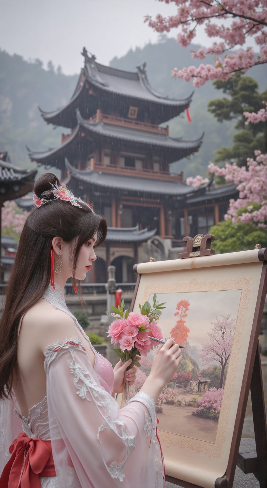 A regal princess in intricately designed ancient attire,  holding a vibrant bouquet of delicate cherry blossoms,  paints a...