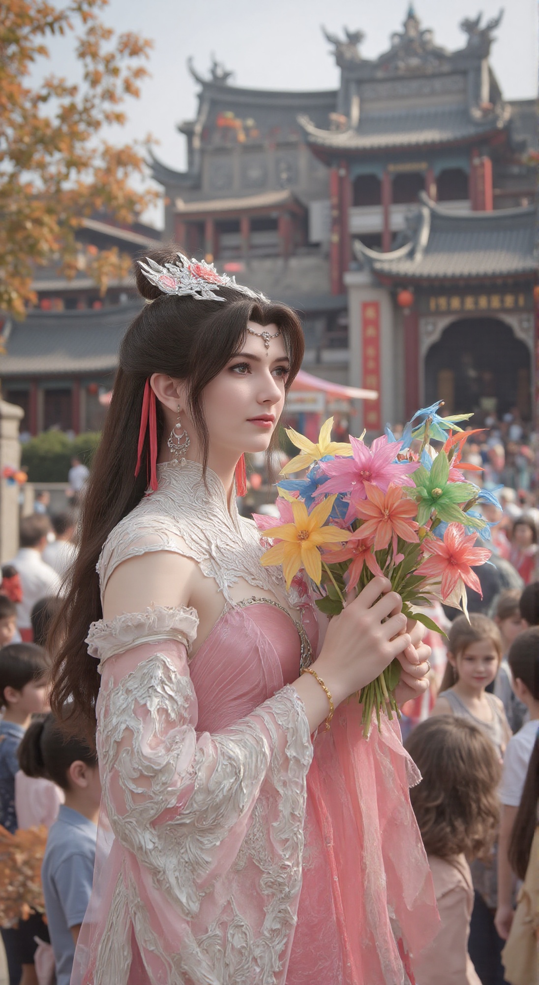 A regal princess in intricately designed ancient attire,  holding a vibrant bouquet of colorful pinwheels,  watches childr...