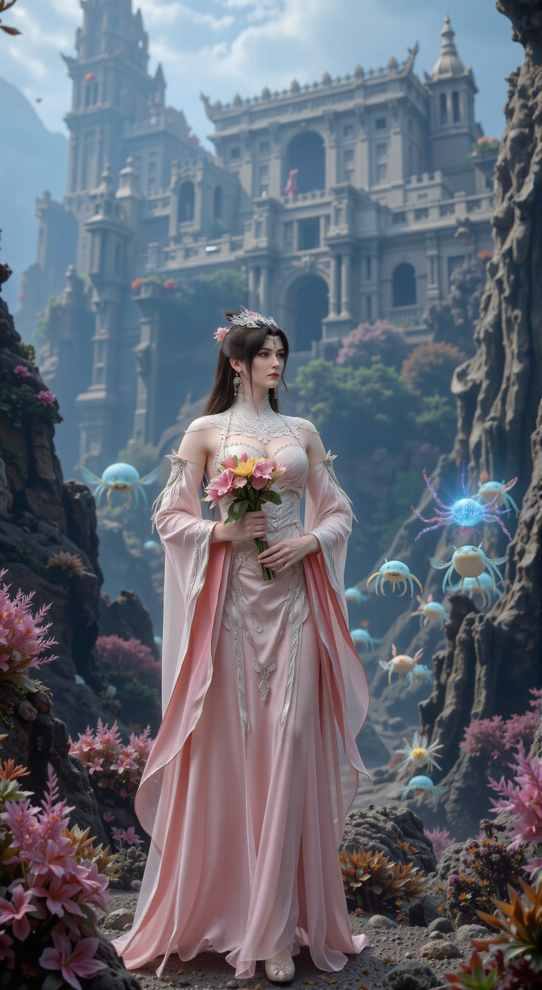 A regal princess in intricately designed ancient attire,  holding a vibrant bouquet of luminous deep-sea blooms,  watches...