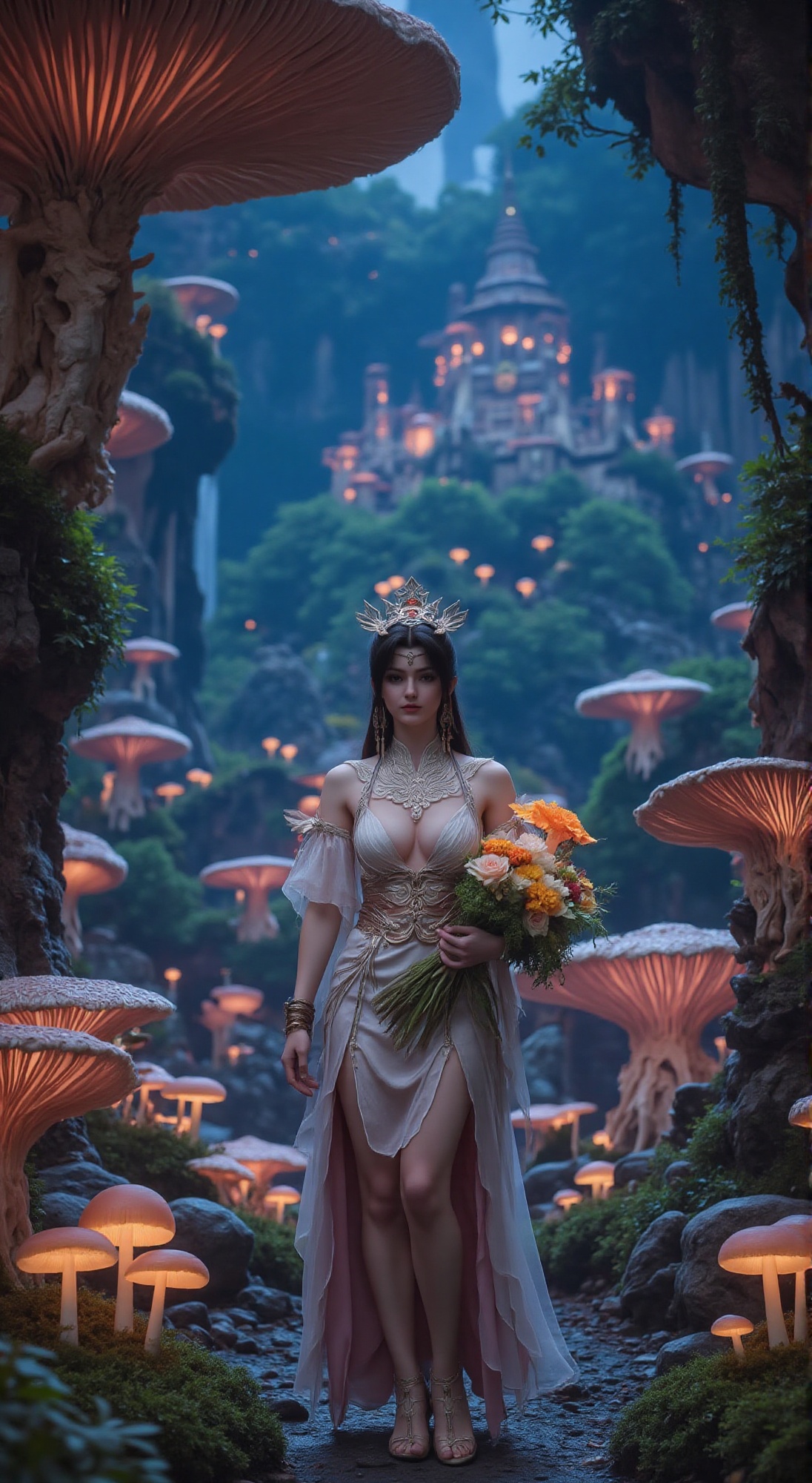 A regal princess in intricately designed ancient attire,  holding a vibrant bouquet of glowing mushrooms and moss,  naviga...