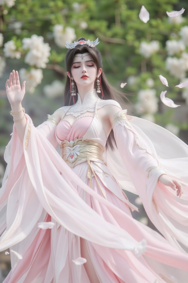 A serene warrior maiden,  adorned in light pink attire with golden patterns,  poses amidst a soft focus bokeh background f...
