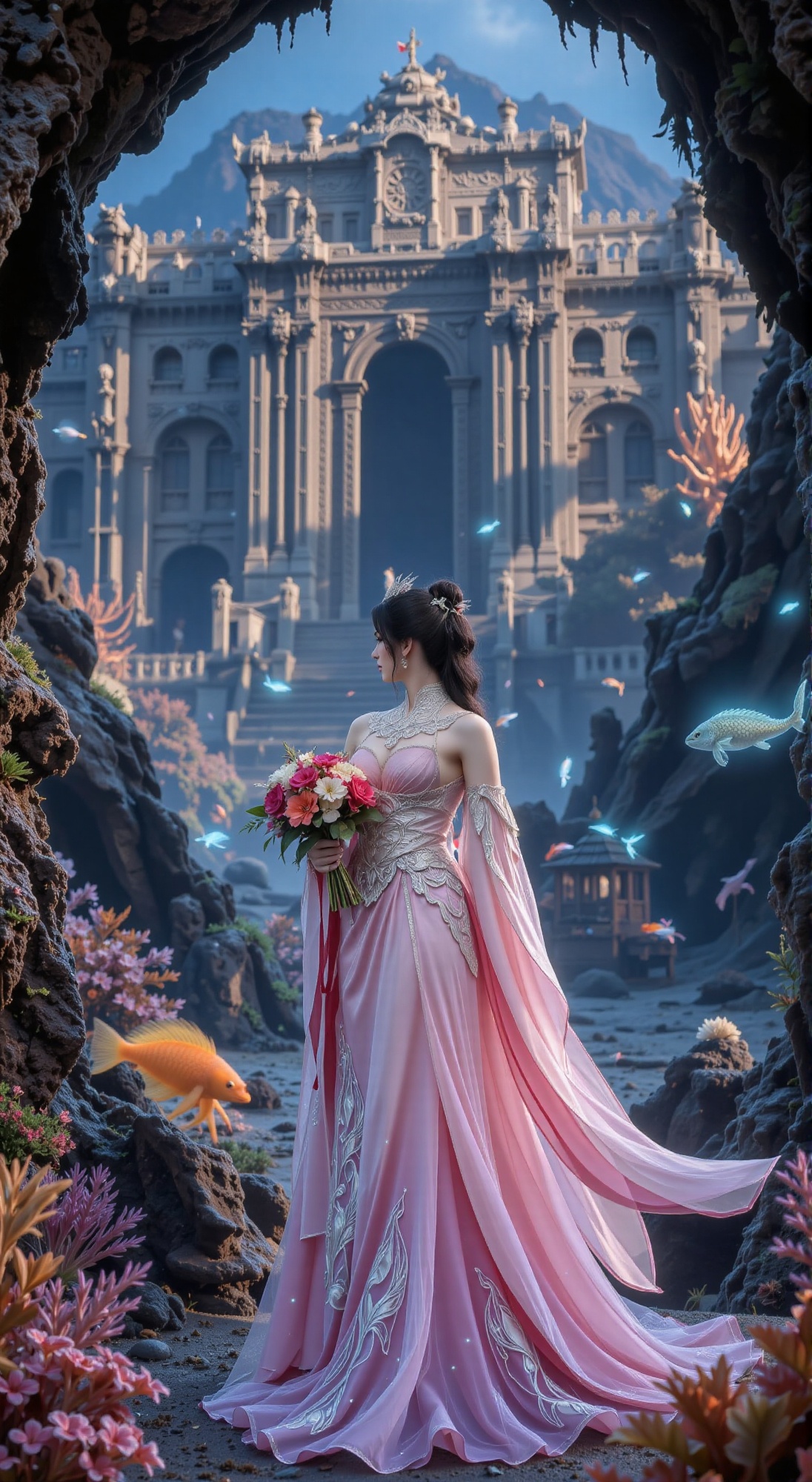 A regal princess in intricately designed ancient attire,  holding a vibrant bouquet of luminous deep-sea blooms,  watches...