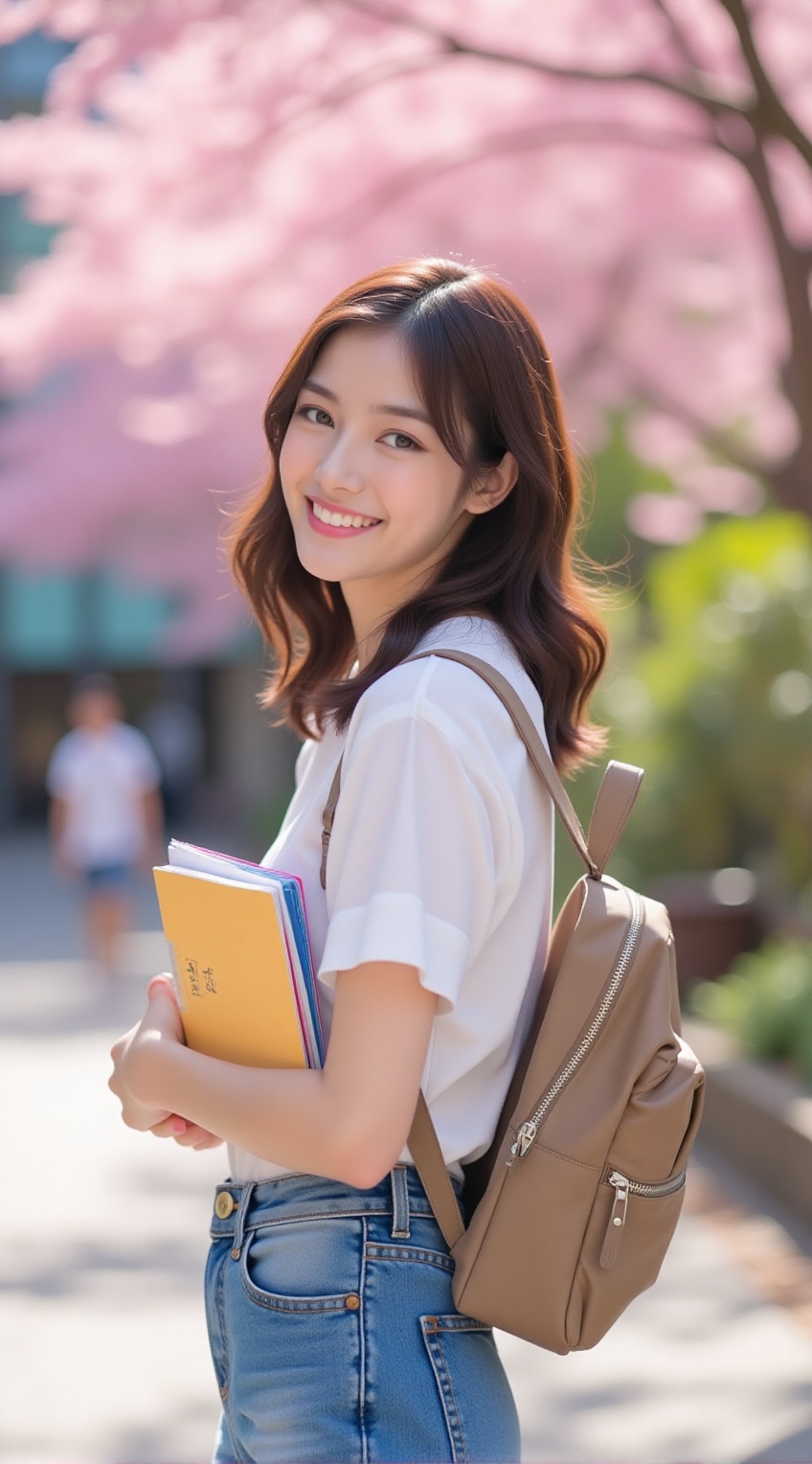 cheerful female college student,  vibrant university campus,  sunny day on Tensor.Art