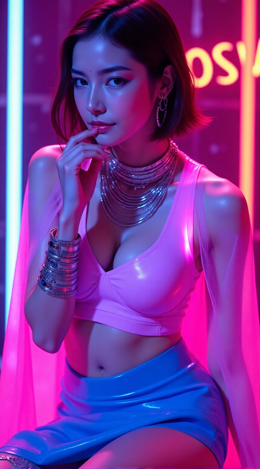 20-year-old woman,  neon pink latex bodysuit,  electric blue vinyl skirt on Tensor.Art