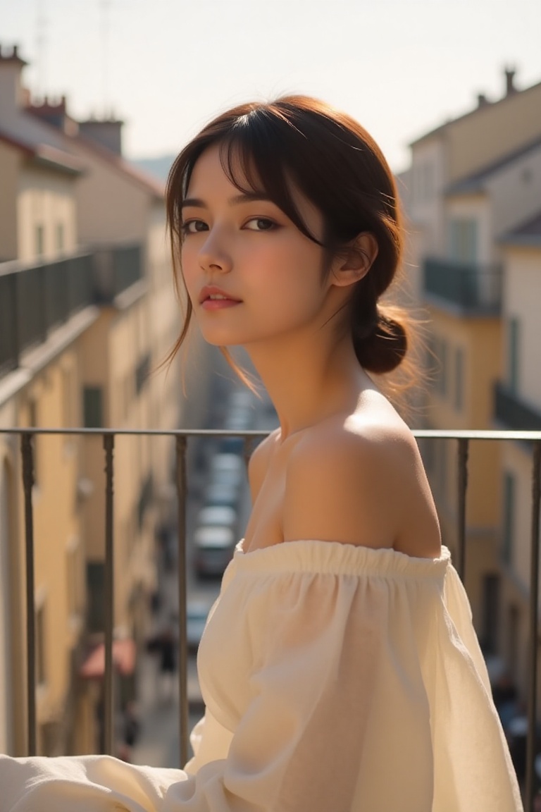 beautiful young woman,  traveling in Europe,  relaxing on a hotel balcony on Tensor.Art