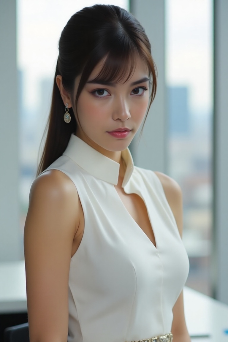 attractive office secretary,  sleeveless white blouse,  sleek hairstyle on Tensor.Art