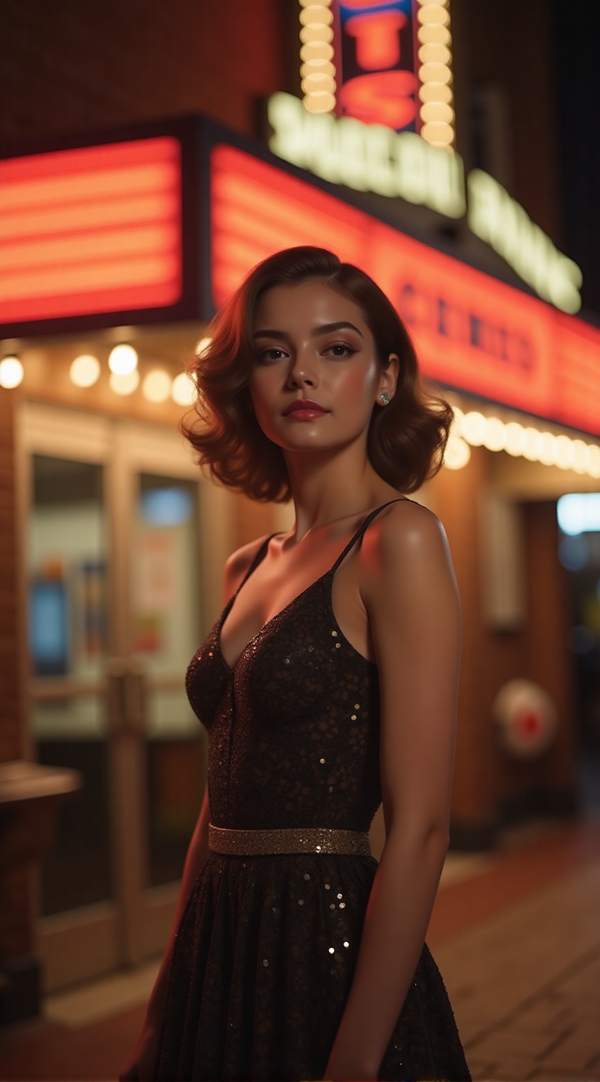 20-year-old woman,  dressed like a 50s starlet,  standing in front of retro cinema on Tensor.Art