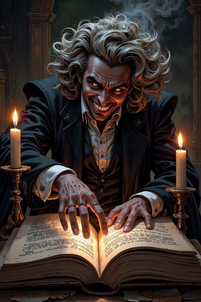 A dark genius in a dance-like pose on the pages of a worn-out book. A play of shadows and candlelight illuminates his male...