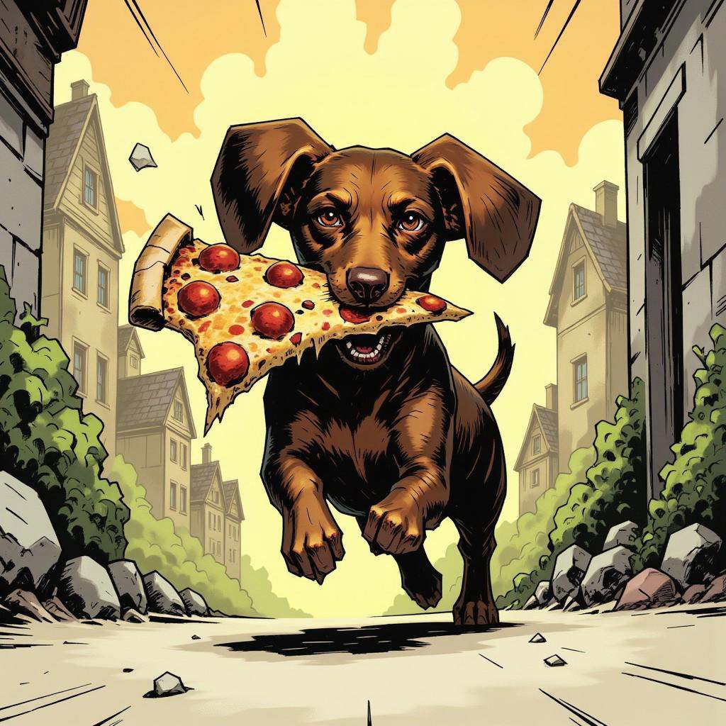 inked comic illustration in TTCSV1.0 artstyle that features a dachshund running away with a big slice of pizza in his mout...