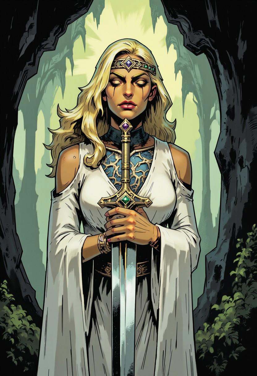 inked comic illustration in TTCSV1.0 artstyle that features a woman,  an embodiment of grace and divinity,  holds a long o...