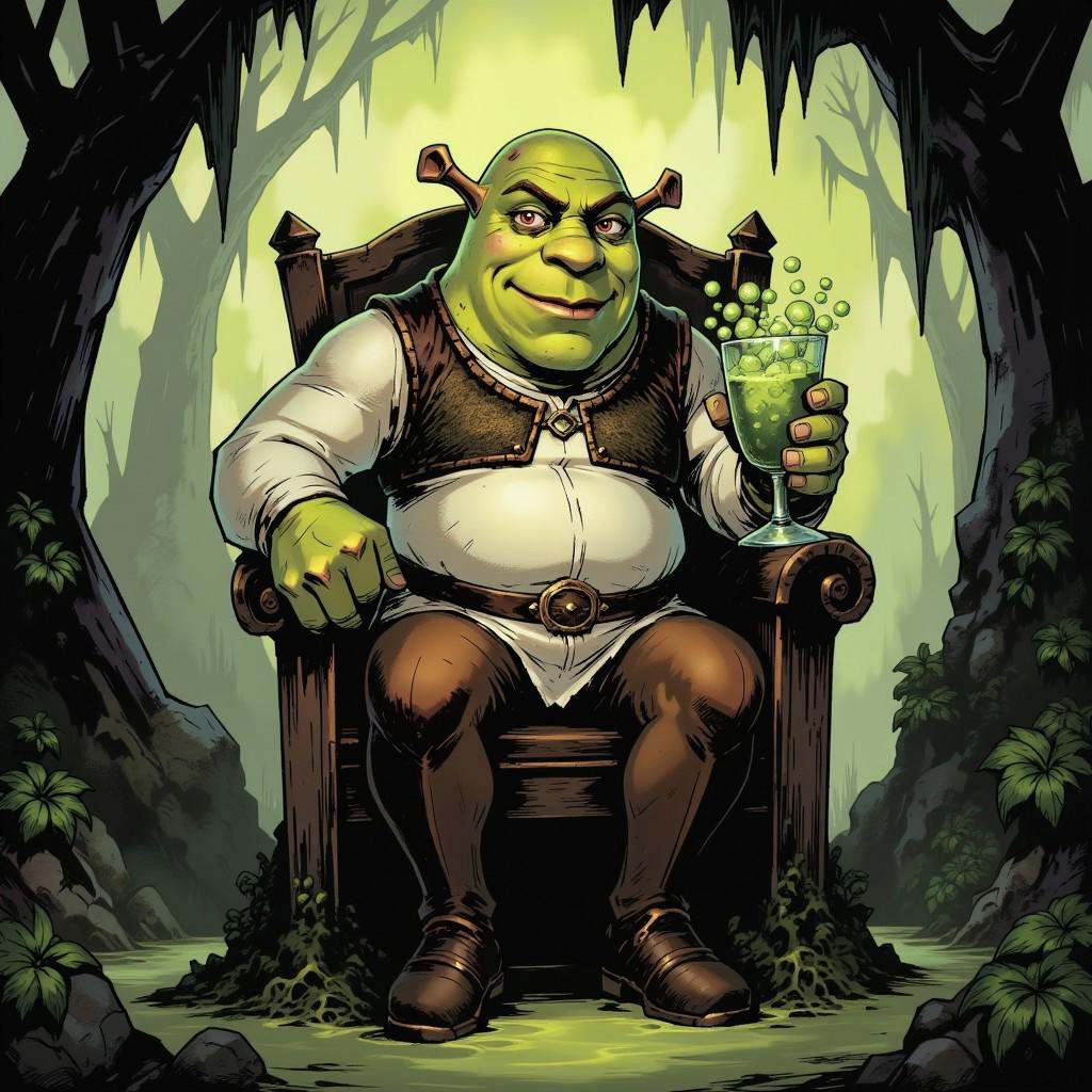inked comic illustration in TTCSV1.0 artstyle that features Shrek sitting on a chair in his swamp,  Shrek smiles and looks...