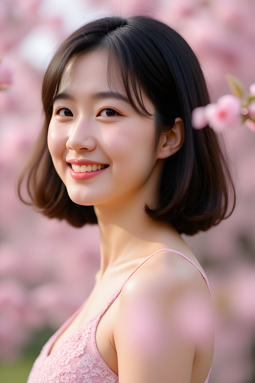 26-year-old Japanese beauty,  in the sakura flowers.Turn slightly,  flim grain on Tensor.Art