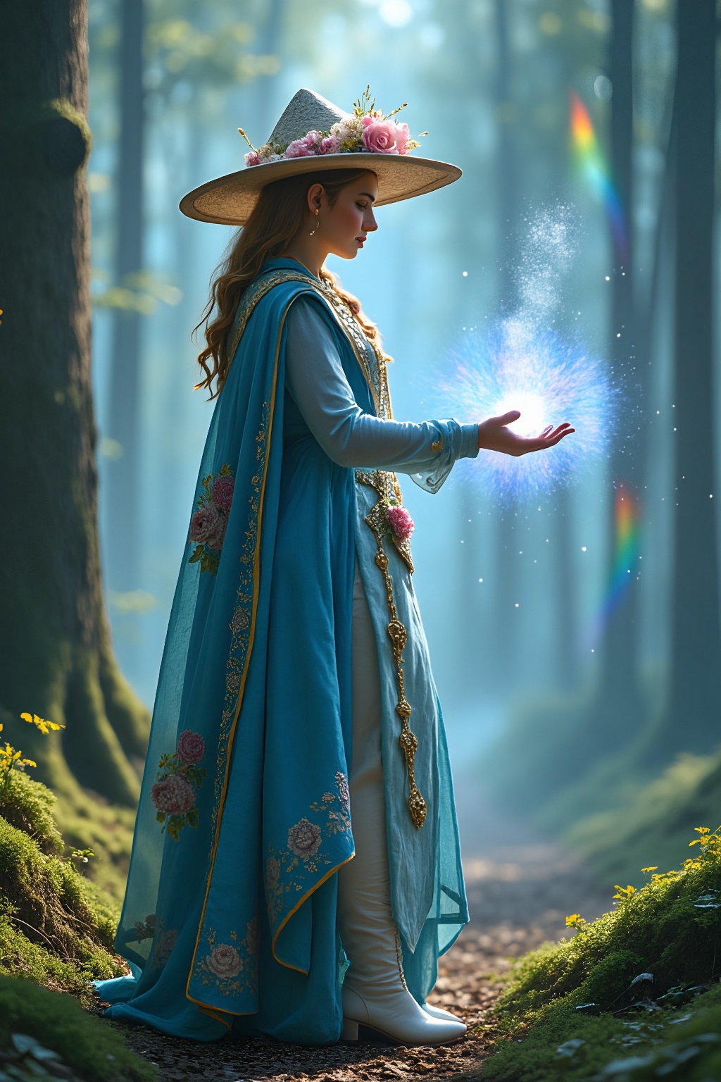 Like an amazing movie poster,  a fantasy-themed scene featuring a female character dressed in a blue,  ornate outfit with...