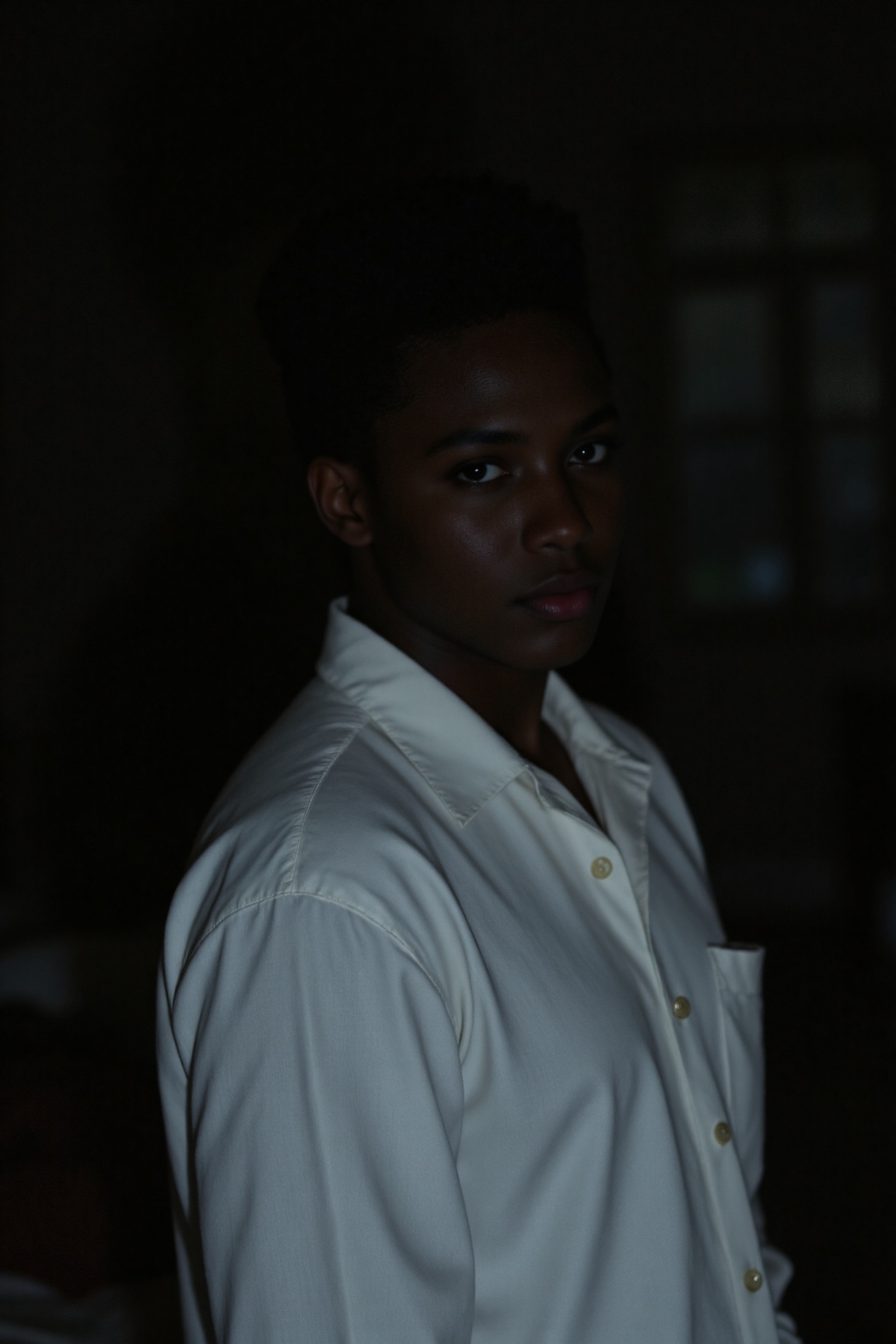person wearing a white collared shirt,  with a textured pattern visible on the fabric. The background is dark,  with faint...