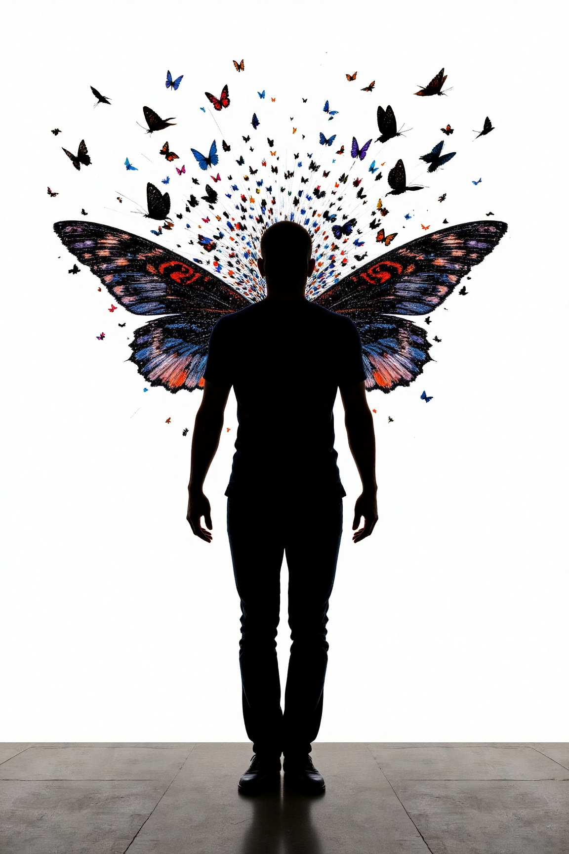 A human silhouette shattering into a flock of glitching digital butterflies against a stark,  minimalist data-void. Surrea...