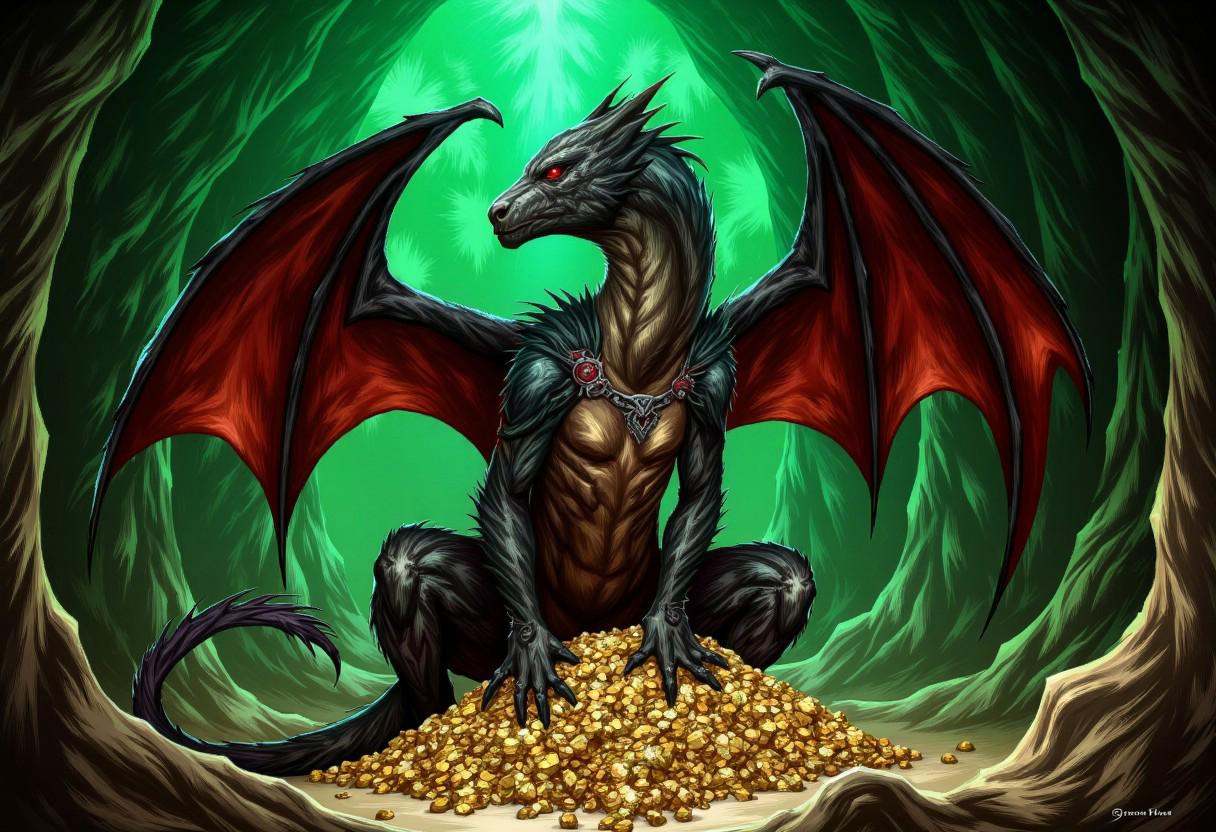 illustration in DD4Ced-STV1.0 artstyle that features a red eyed black dragon,  a towering 4 leged,  winged monster that is...