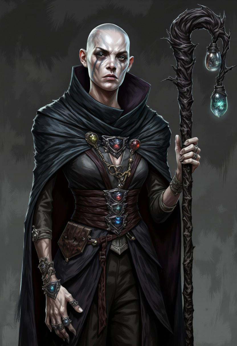 illustration in DD4Ced-STV1.0 artstyle that features A dark necromancer who possesses the ability to bind souls to objects...