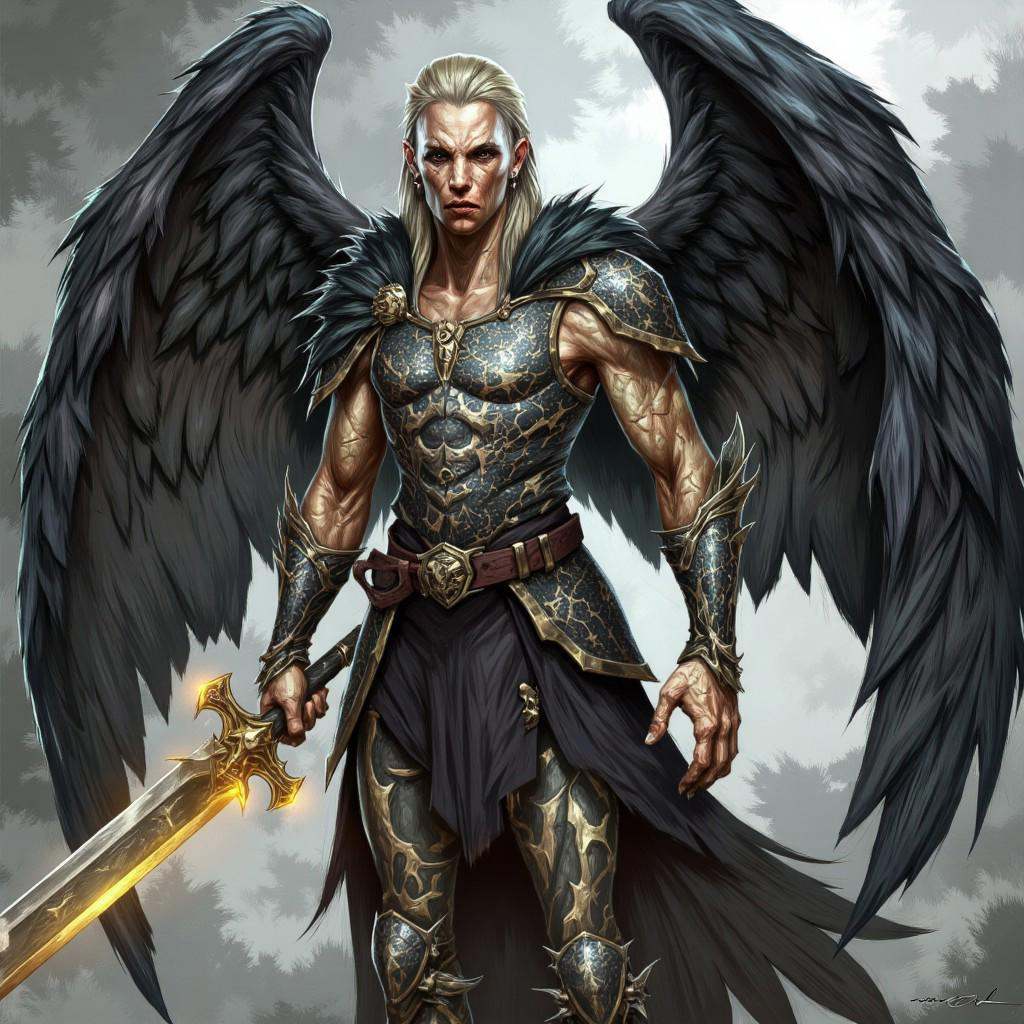 illustration in DD4Ced-STV1.0 artstyle that features A former angel cast down from the heavens for betraying their celesti...