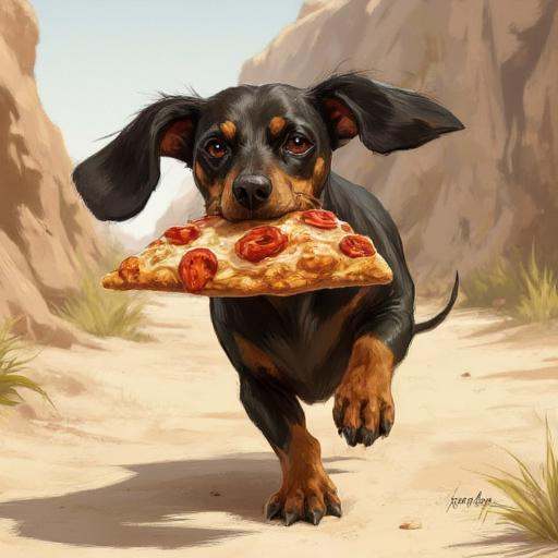 illustration in DD4Ced-STV1.0 artstyle that features a dachshund running away with a big slice of pizza in his mouth on Te...