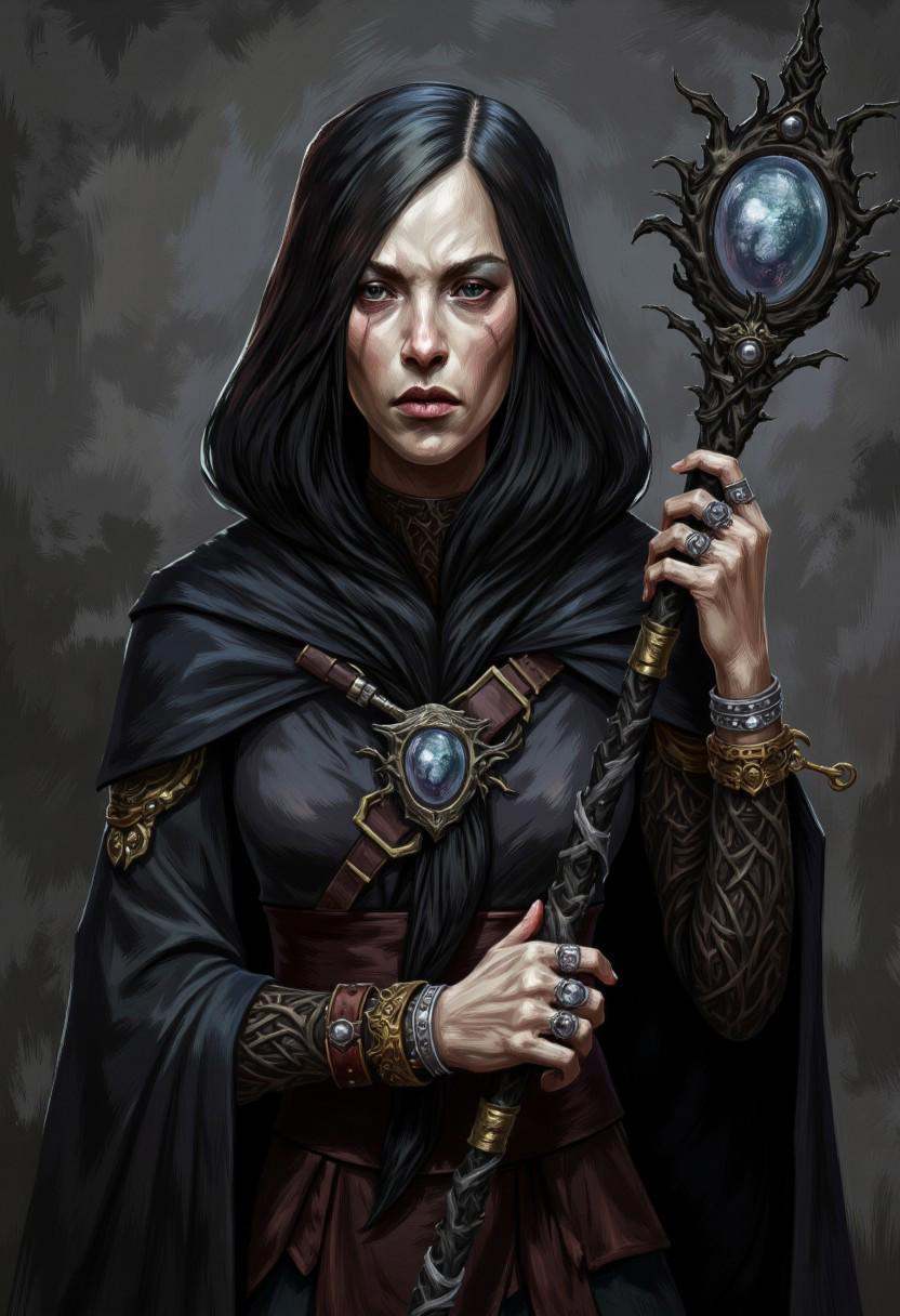illustration in DD4Ced-STV1.0 artstyle that features A dark necromancer who possesses the ability to bind souls to objects...