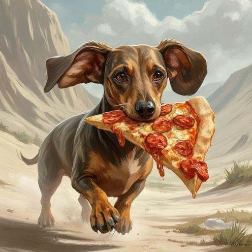 illustration in DD4Ced-STV1.0 artstyle that features a dachshund running away with a big slice of pizza in his mouth on Te...