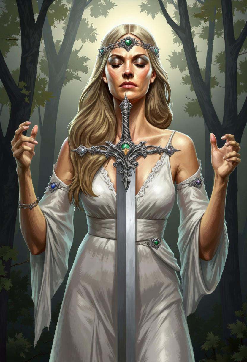 illustration in DD4Ced-STV1.0 artstyle that features a woman,  an embodiment of grace and divinity,  holds a long on Tenso...