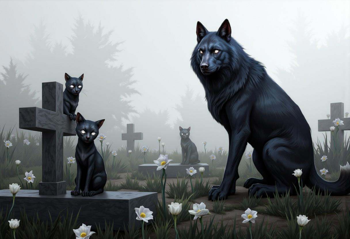illustration in DD4Ced-STV1.0 artstyle that features fog covered graveyard,  graveyard is full of white flowers that raise...