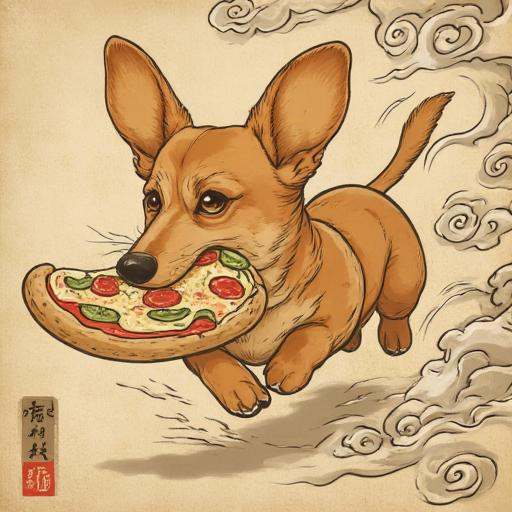 Painting in Traditional japanese art style of dachshund running away with a big slice of pizza in his mouth on Tensor.Art