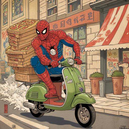 Painting in Traditional japanese art style of Spiderman riding on pizza delivery scooter with multiple pizza boxes on back...