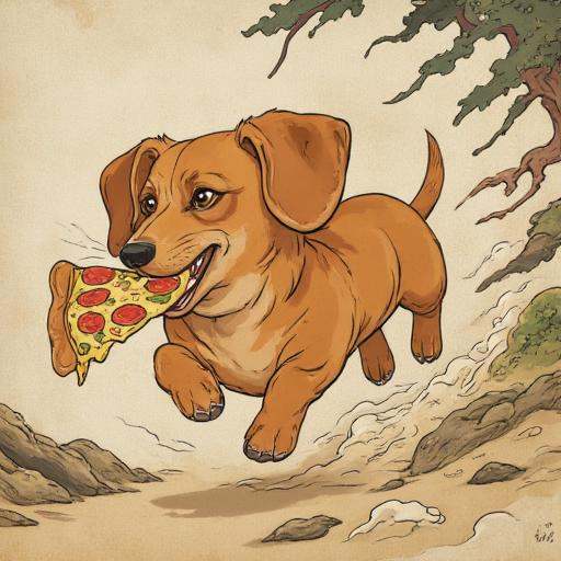 Painting in Traditional japanese art style of dachshund running away with a big slice of pizza in his mouth on Tensor.Art