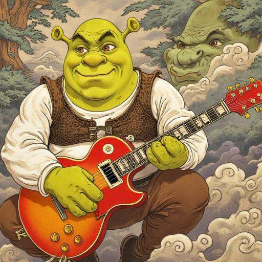 Painting in Traditional japanese art style of Shrek playing electric guitar on Tensor.Art