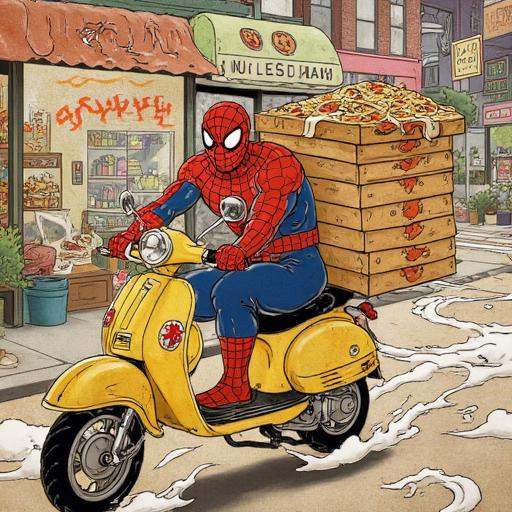 Painting in Traditional japanese art style of Spiderman riding on pizza delivery scooter with multiple pizza boxes on back...