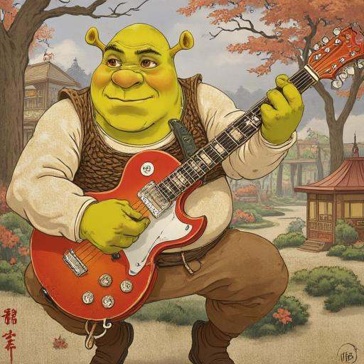 Painting in Traditional japanese art style of Shrek playing electric guitar on Tensor.Art