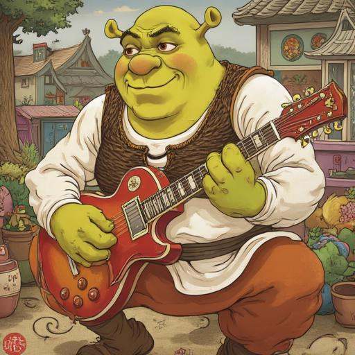 Painting in Traditional japanese art style of Shrek playing electric guitar on Tensor.Art